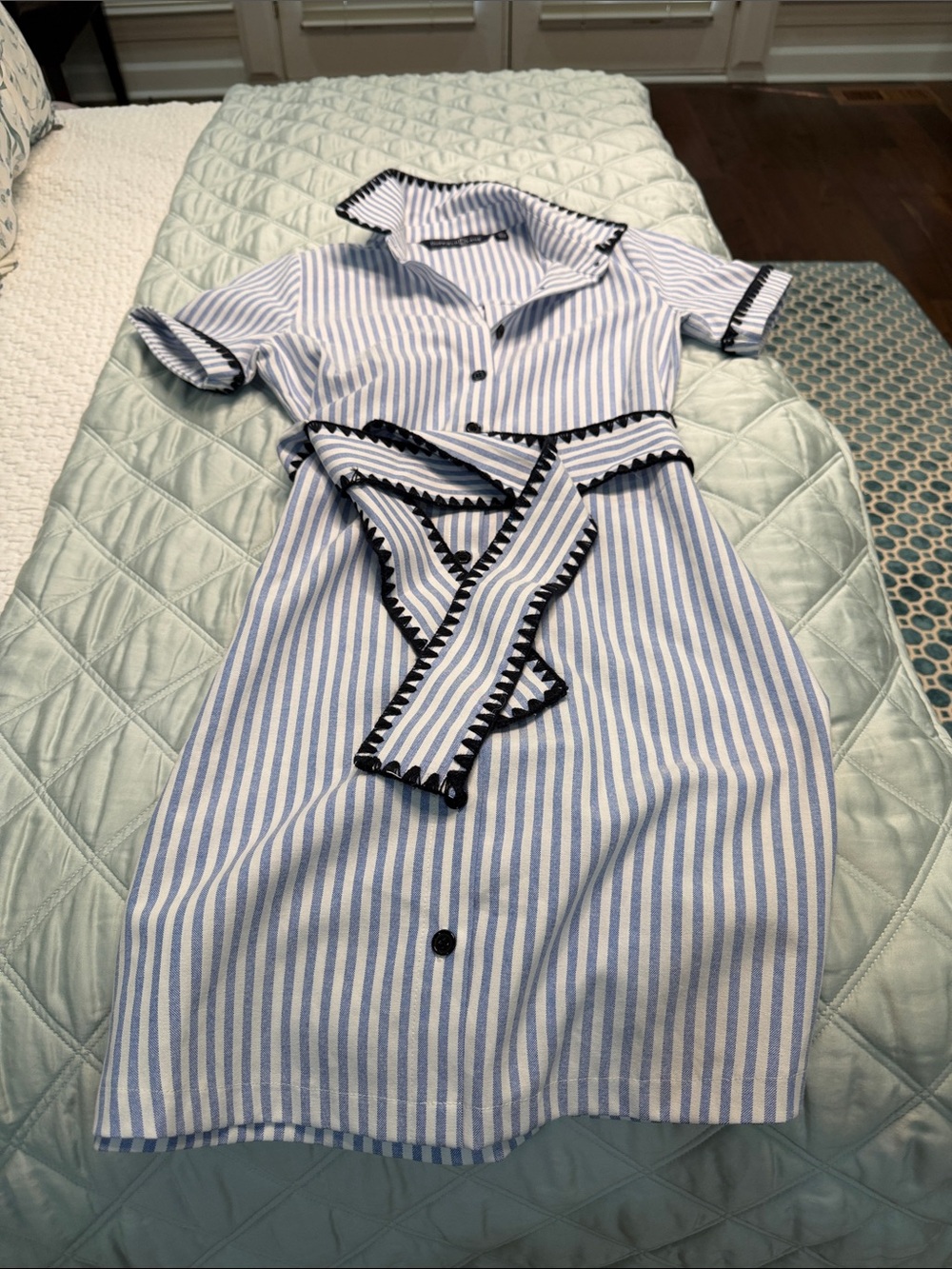 Blue and White Striped Belted Shirt Dress with Black Trim